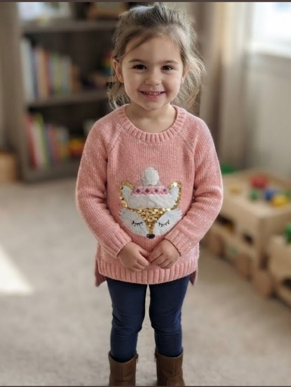 ​BTween Girls Pink Winter Fox Sequin Sweater Metallic Size 4